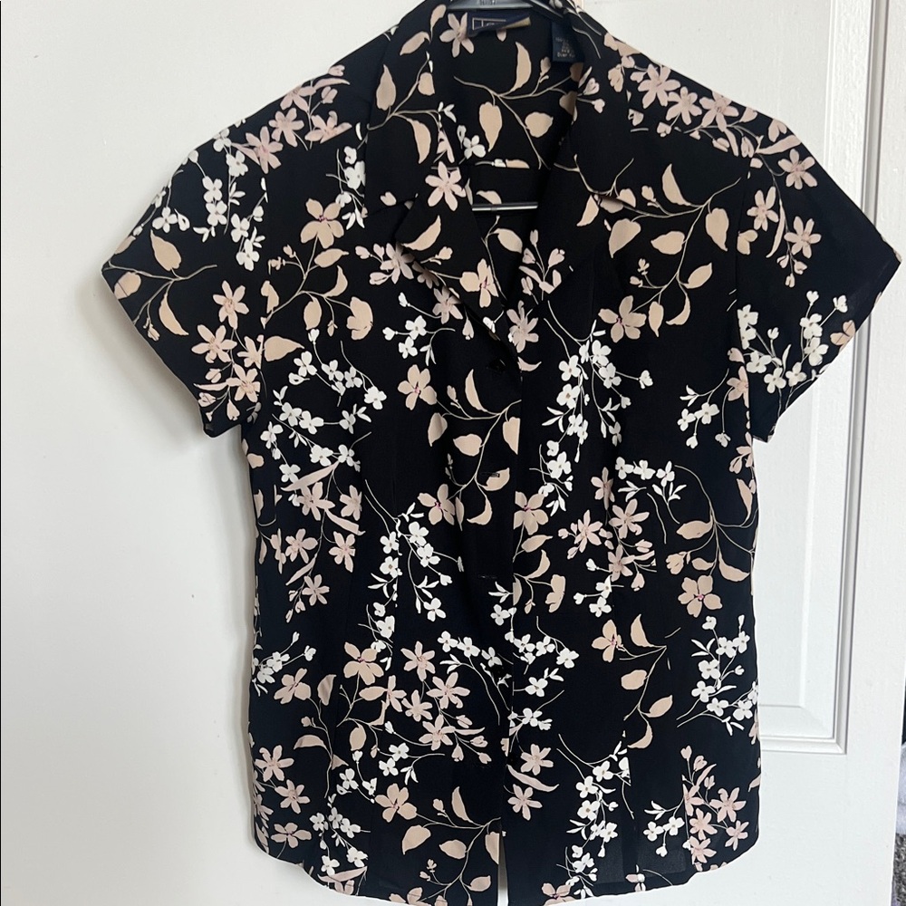 Laura Scott Black Blouse with Cream Floral Print